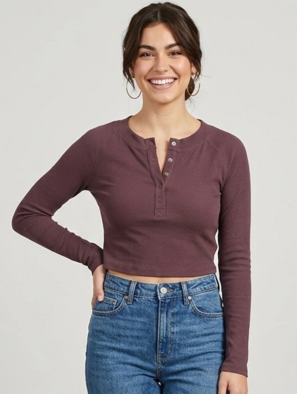 Mono B Mauve Ribbed Henley Crop Top